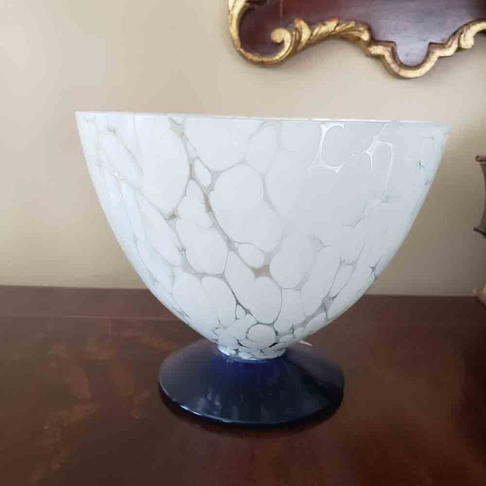 Polish Art Glass Bowl Clear White Cobalt Blue NEW